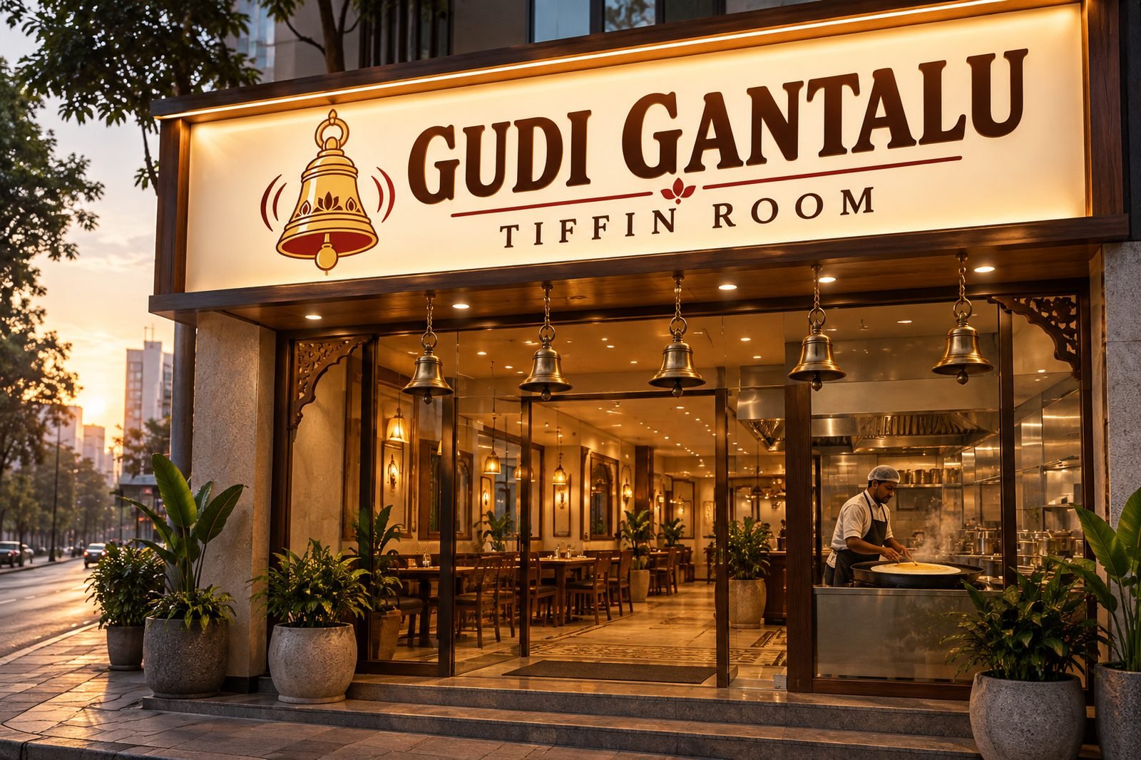 Gudi Gantalu Tiffin Room signboard at dawn, Madhapur